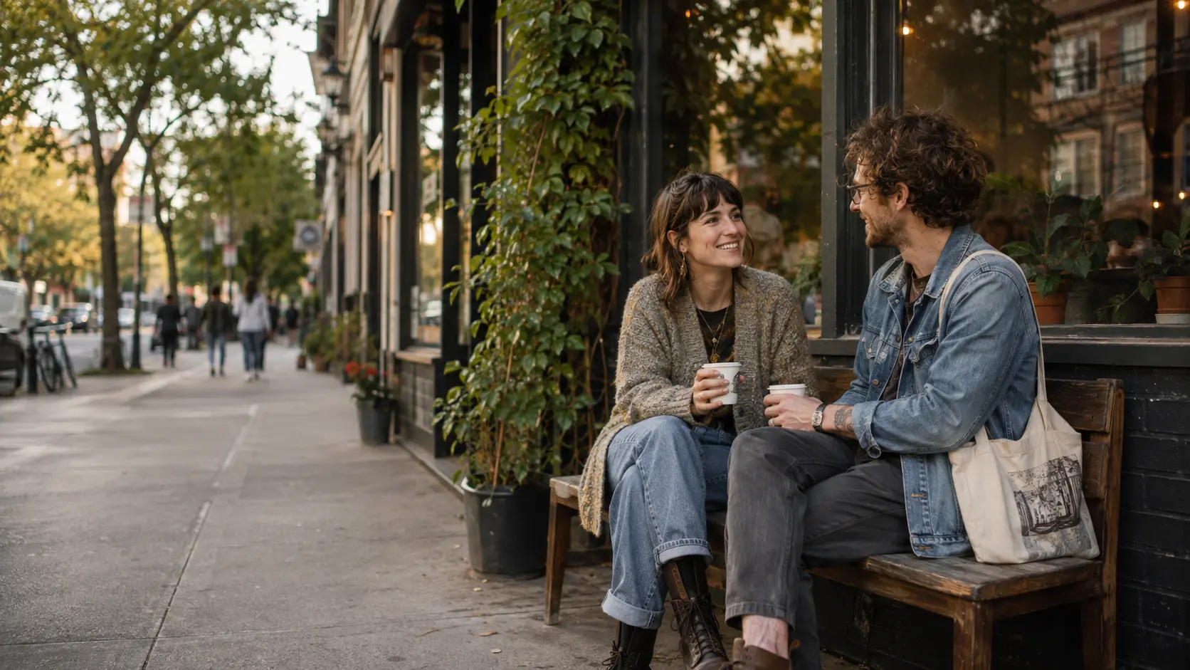 A couple talking over coffee