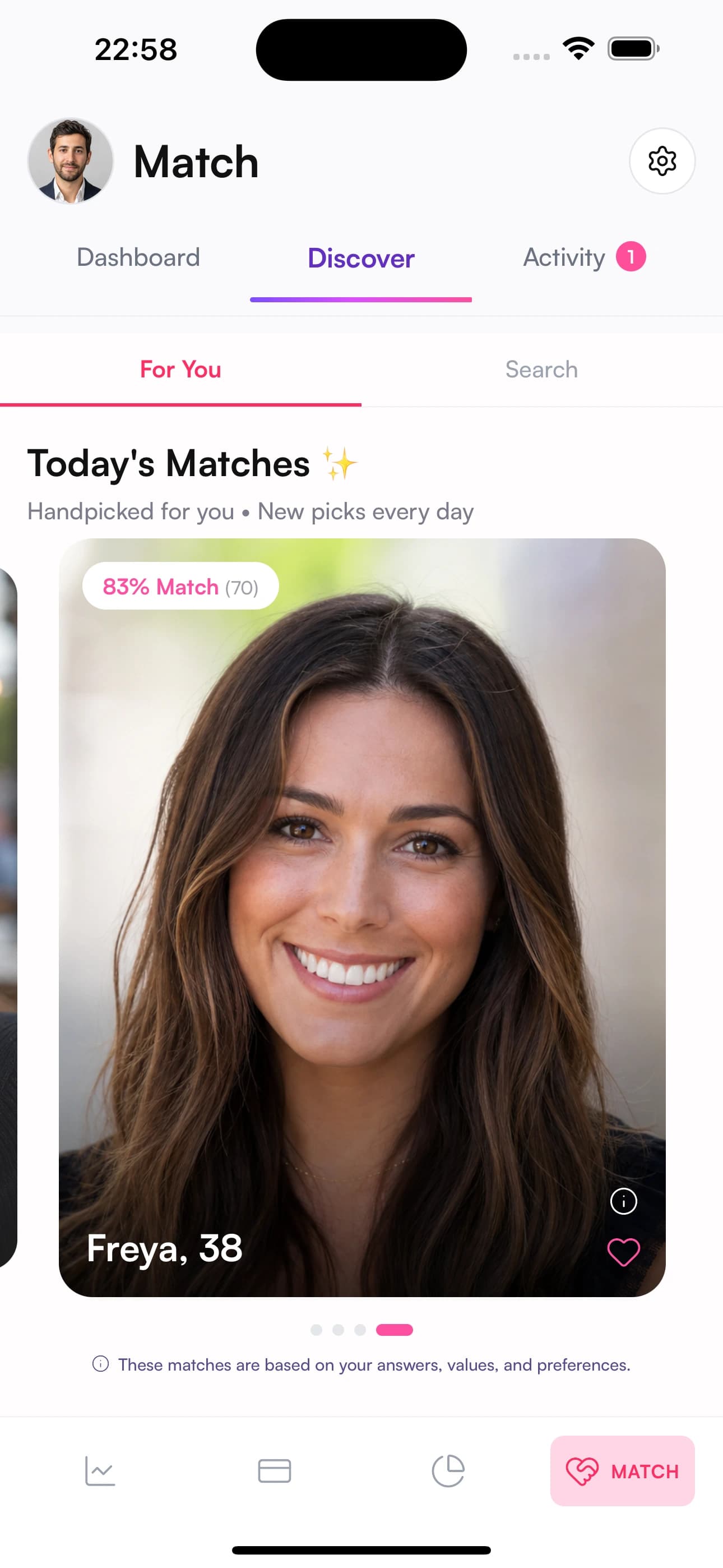 Match screen showing compatibility profile