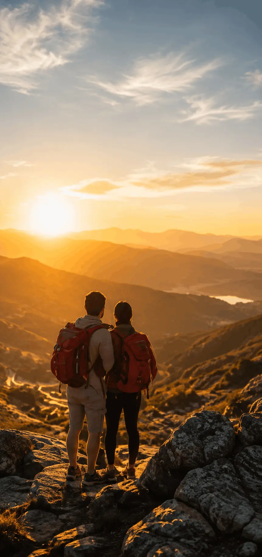 Person standing on a mountain peak at sunset