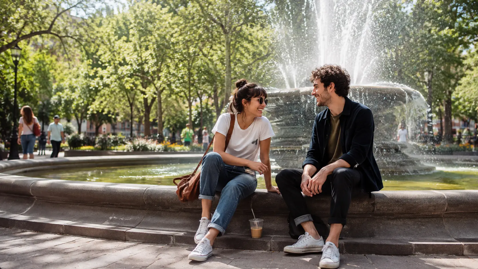 Two people sitting by a fountain in a city park, turned toward each other and smiling.